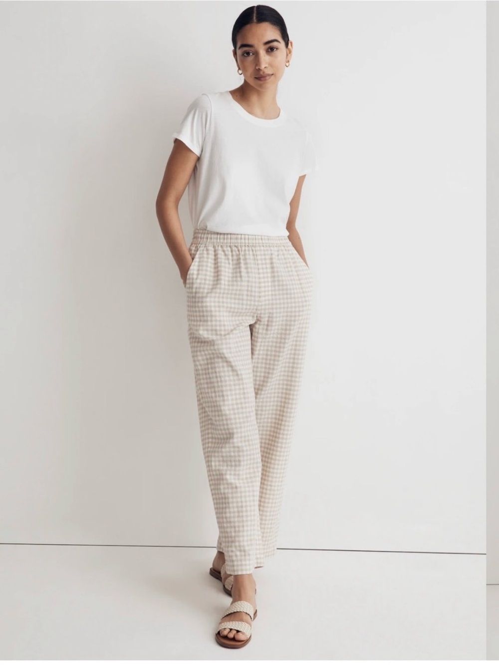 NWT Ann Taylor Tan White Gingham Knit Pull On High Rise Pants Medium New